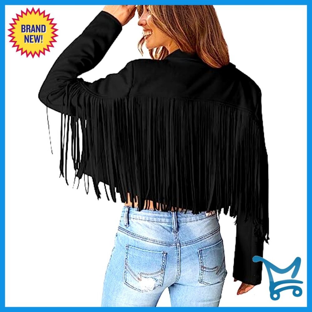 Faux Suede Fringe Cropped Jacket Y2K Chic Motorcycle Style Open Front - Picture 4 of 7
